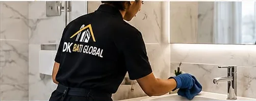 Nettoyage d’une salle de bain, visuel du flyer DK Bati Global